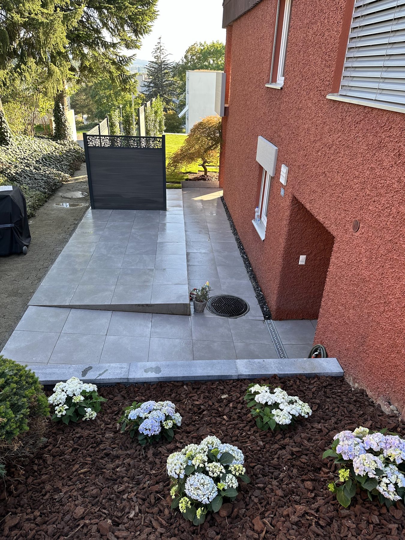 Neuer Plattenweg entlang eines Hauses mit frisch bepflanztem Beet und weissen Hortensien